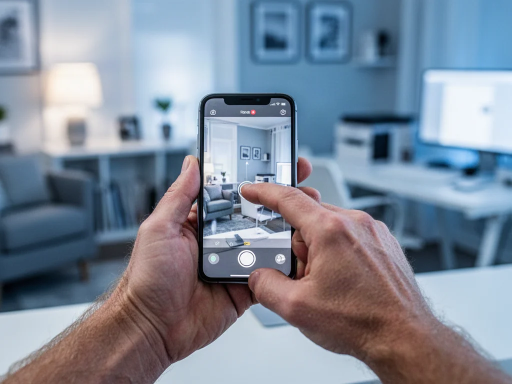 Dłonie trzymające iPhone'a z kciukiem gotowym do uruchomienia funkcji nagrywania ekranu w przytulnym biurze.