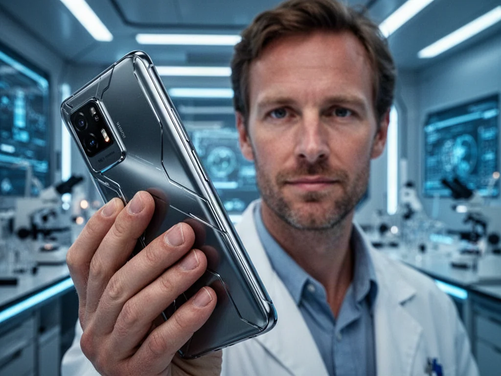 Futurystyczny smartfon o metalicznym wykończeniu trzymany w dłoni na tle nowoczesnego laboratorium.
