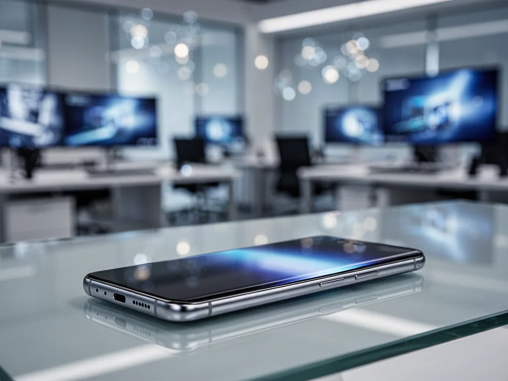 Nowoczesny smartfon iPhone 16 Pro Max na minimalistycznym, szklanym blacie w profesjonalnej oprawie studyjnej.
