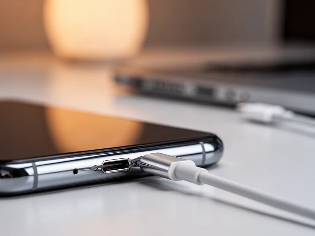 Zbliżenie na port ładowania Lightning w smartfonie iPhone 14 z leżącym obok kablem w tle.