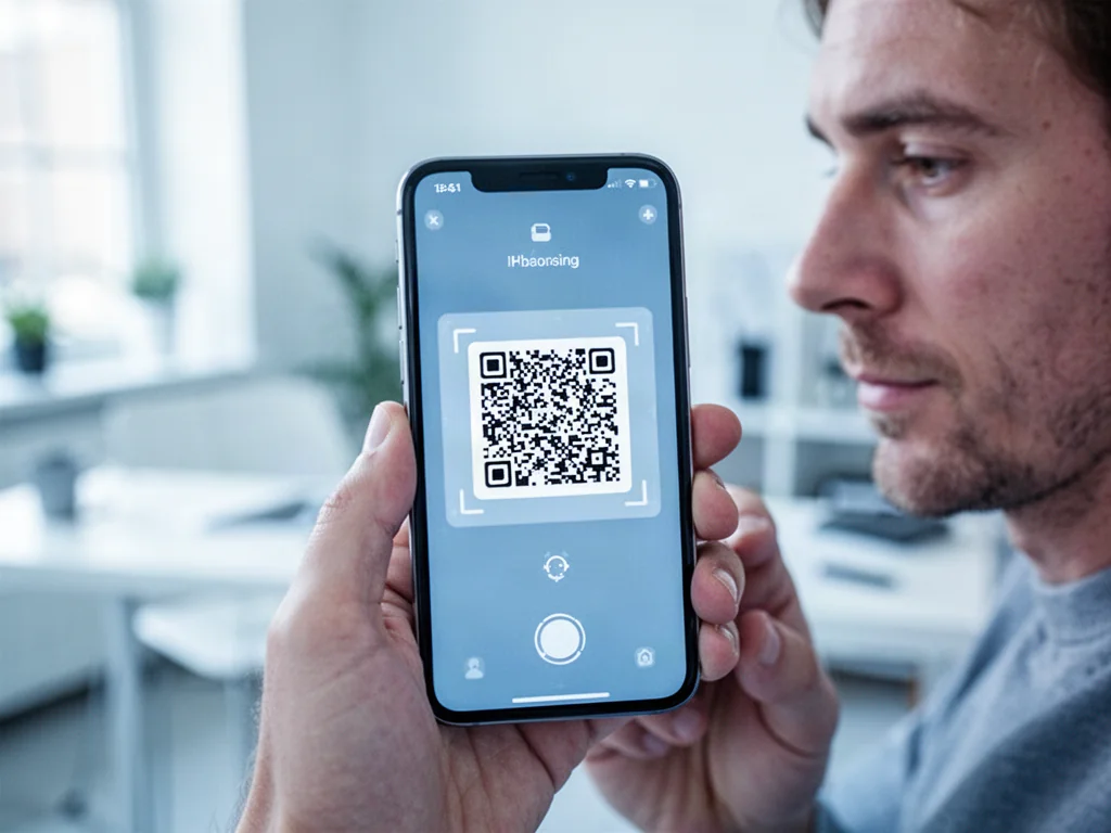 Osoba trzymająca iPhone'a z otwartym interfejsem skanowania kodu QR w jasnym, minimalistycznym biurze.