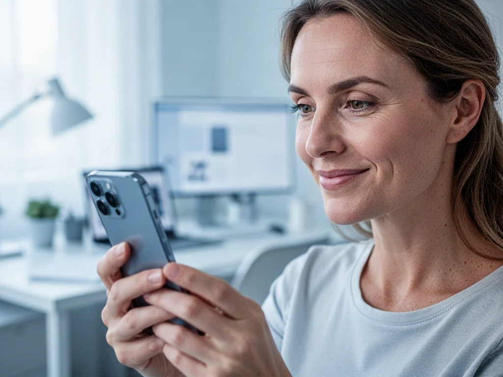 Kobieta z zadowoleniem korzysta ze smartfona w nowoczesnym biurze, co ilustruje efektywne zarządzanie pamięcią urządzenia.