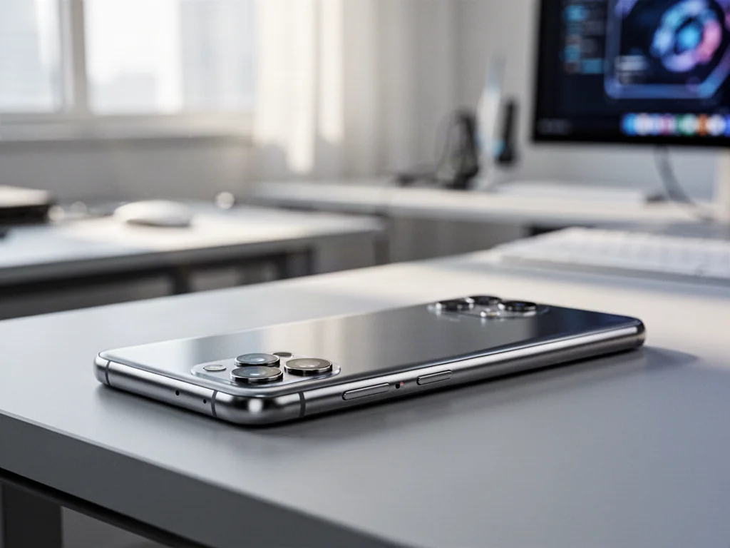 Nowoczesny iPhone 15 z tytanową obudową leżący na minimalistycznym biurku w jasnym, profesjonalnym wnętrzu.