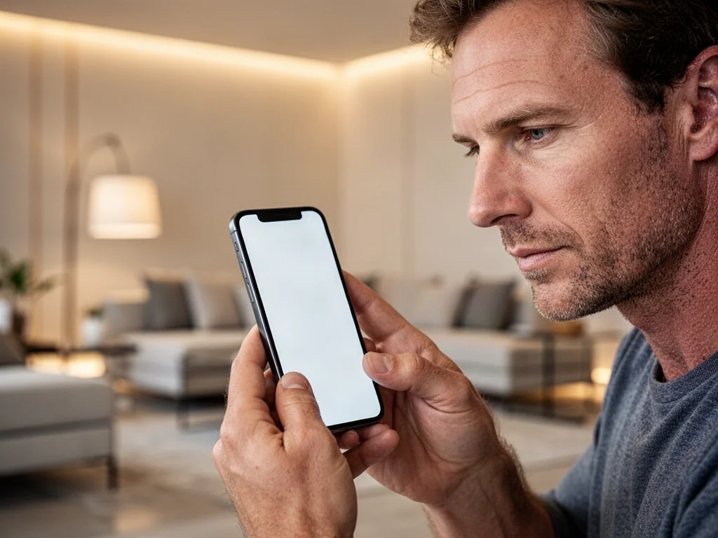 Mężczyzna skupiony na ekranie iPhone'a w nowoczesnym salonie, prezentujący obsługę urządzenia.