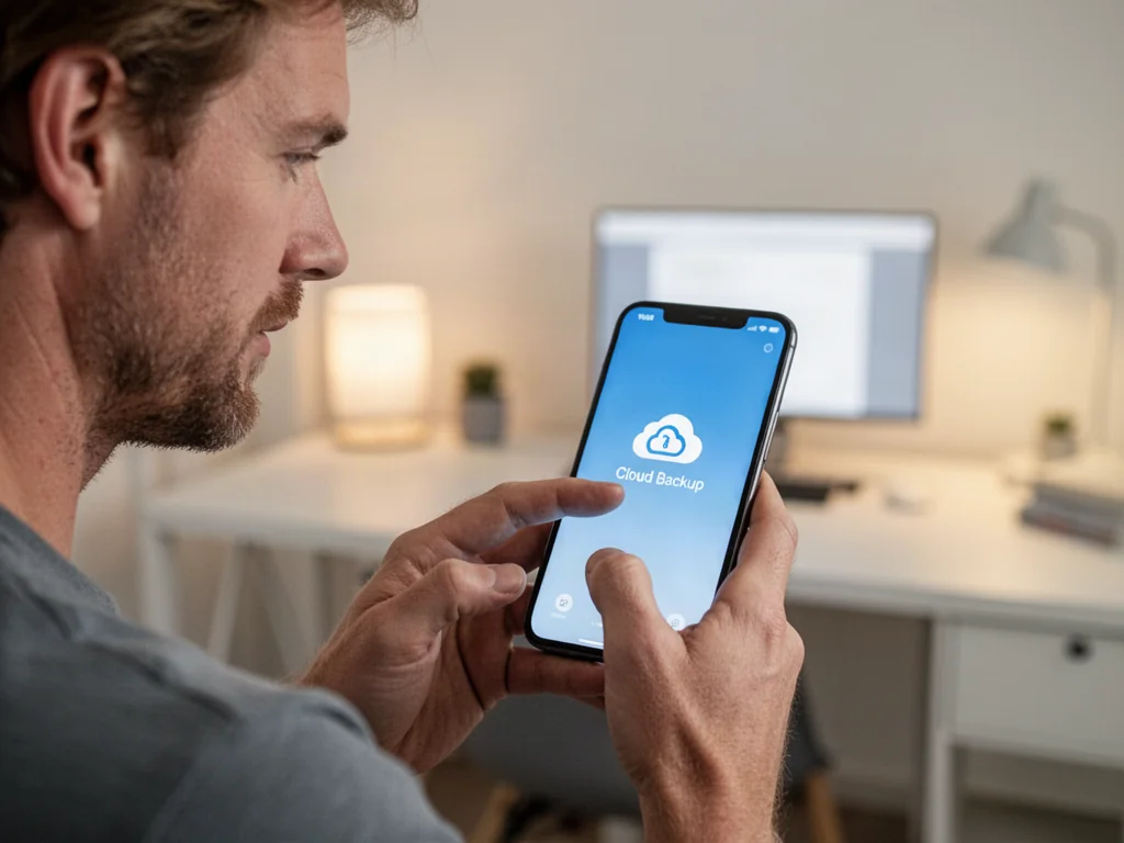 Mężczyzna trzymający smartfon podczas konfigurowania kopii zapasowej w chmurze w minimalistycznym biurze.