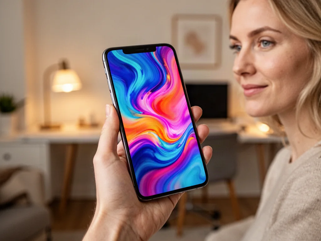 Dłoń trzymająca iPhone'a z kolorową, abstrakcyjną tapetą na ekranie w minimalistycznym biurze.