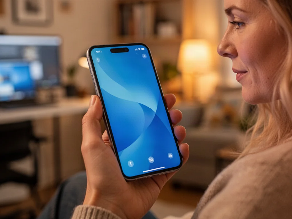 Dłoń trzymająca nowoczesny smartfon podczas wykonywania zrzutu ekranu w przytulnym domowym biurze.