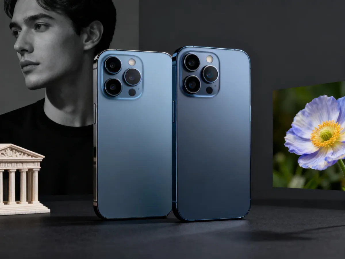 Dwa smartfony z podwójnym i potrójnym aparatem na tle akcesoriów do fotografii