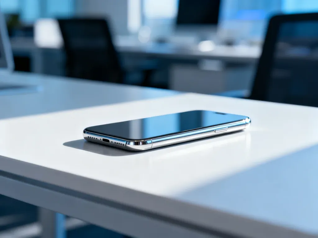 Nowoczesny smartfon iPhone 15 leżący na minimalistycznym biurku w świetle poranka.