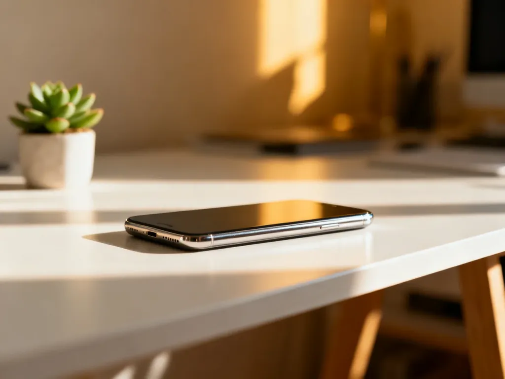 Nowoczesny smartfon leżący na minimalistycznym biurku w domowym biurze, oświetlony delikatnym porannym światłem.