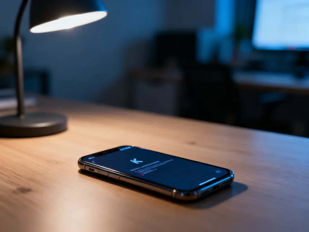 Smartfon z zawieszonym ekranem na drewnianym biurku, ilustrujący problem z działaniem systemu iOS.