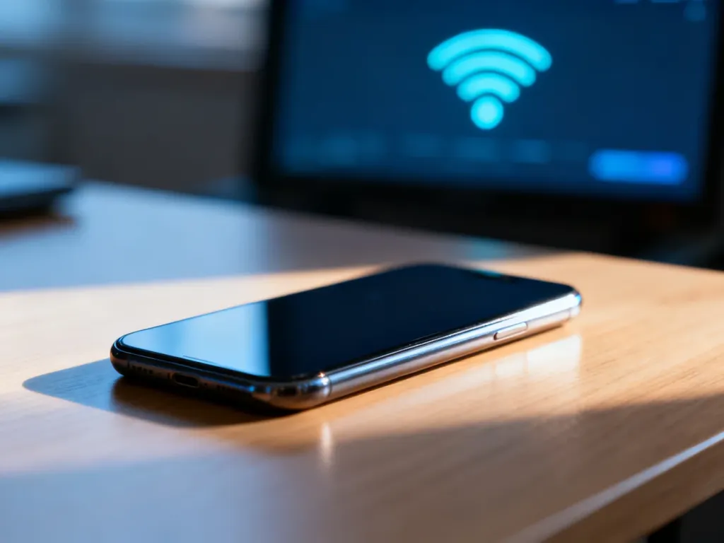 Nowoczesny smartfon na drewnianym biurku z rozmytą ikoną sieci w tle, symbolizującą problemy z łącznością w iPhone.