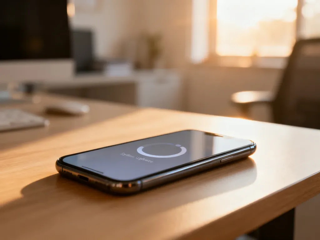 Smartfon leżący na drewnianym biurku z ikoną aktualizacji systemu na ekranie, symbolizujący proces instalacji nowego iOS.