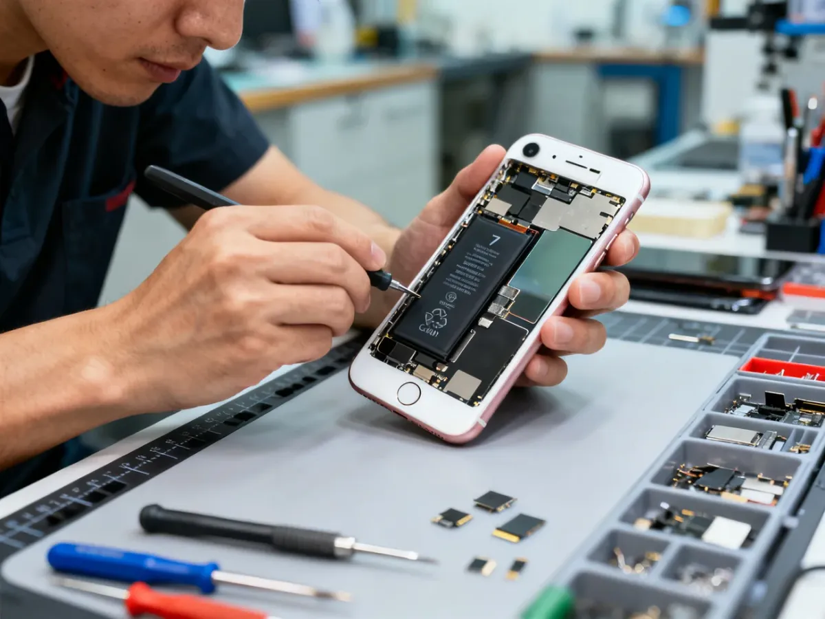 Serwisant wymieniający baterię i szybkę w iPhonie 7