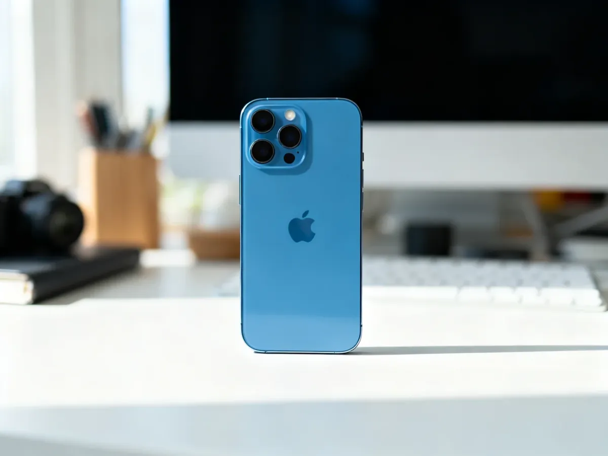 Niebieski iPhone 14 na minimalistycznym biurku
