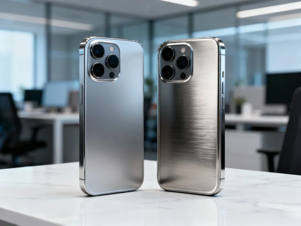 Porównanie iPhone’a 15 z aluminiową obudową oraz iPhone’a 15 Pro z tytanową ramką na marmurowym blacie.