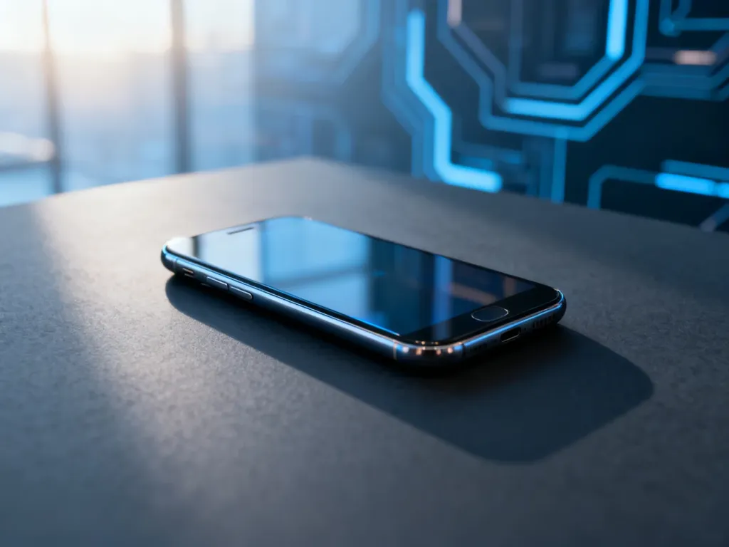 Nowoczesny smartfon leżący na ciemnym, matowym tle w profesjonalnym oświetleniu studyjnym.