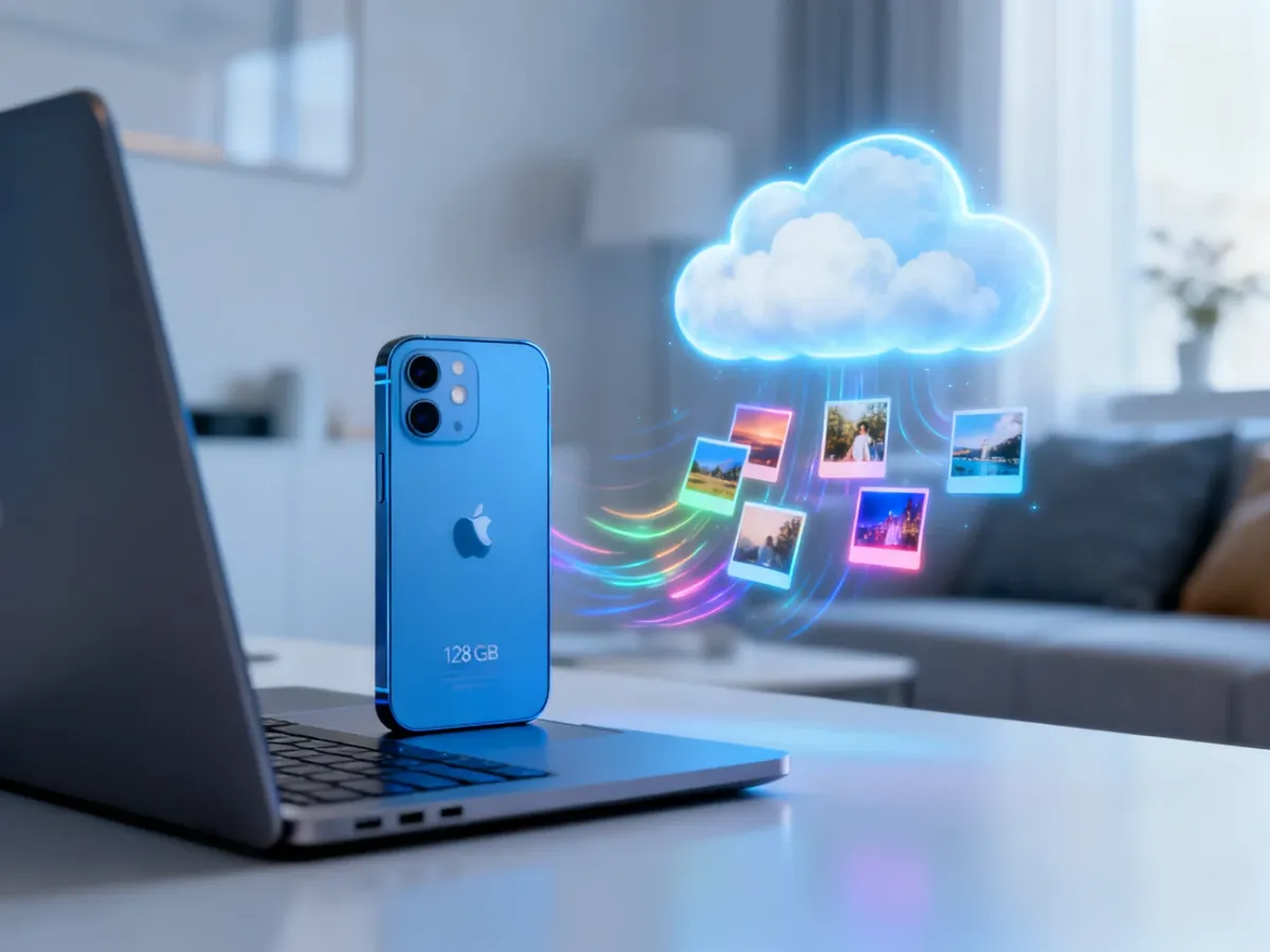 iPhone 12 obok laptopa i symbolicznej chmury przechowującej zdjęcia i filmy