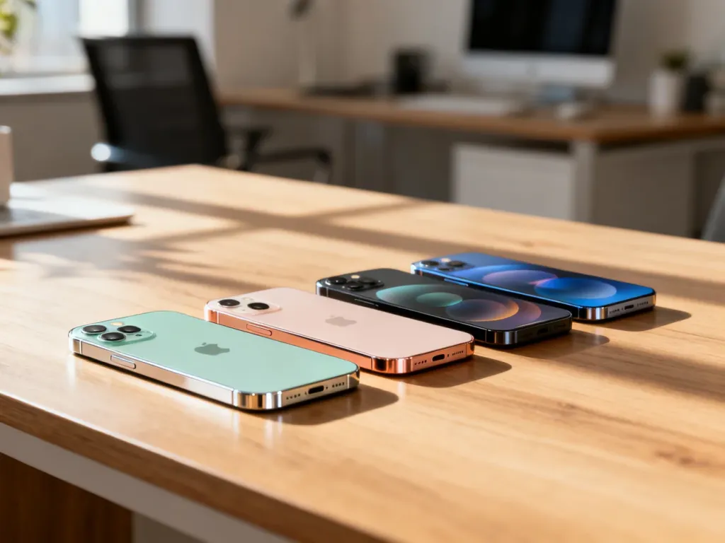 Cztery modele iPhone 12 w różnych kolorach ustawione na drewnianym biurku, prezentujące design serii.