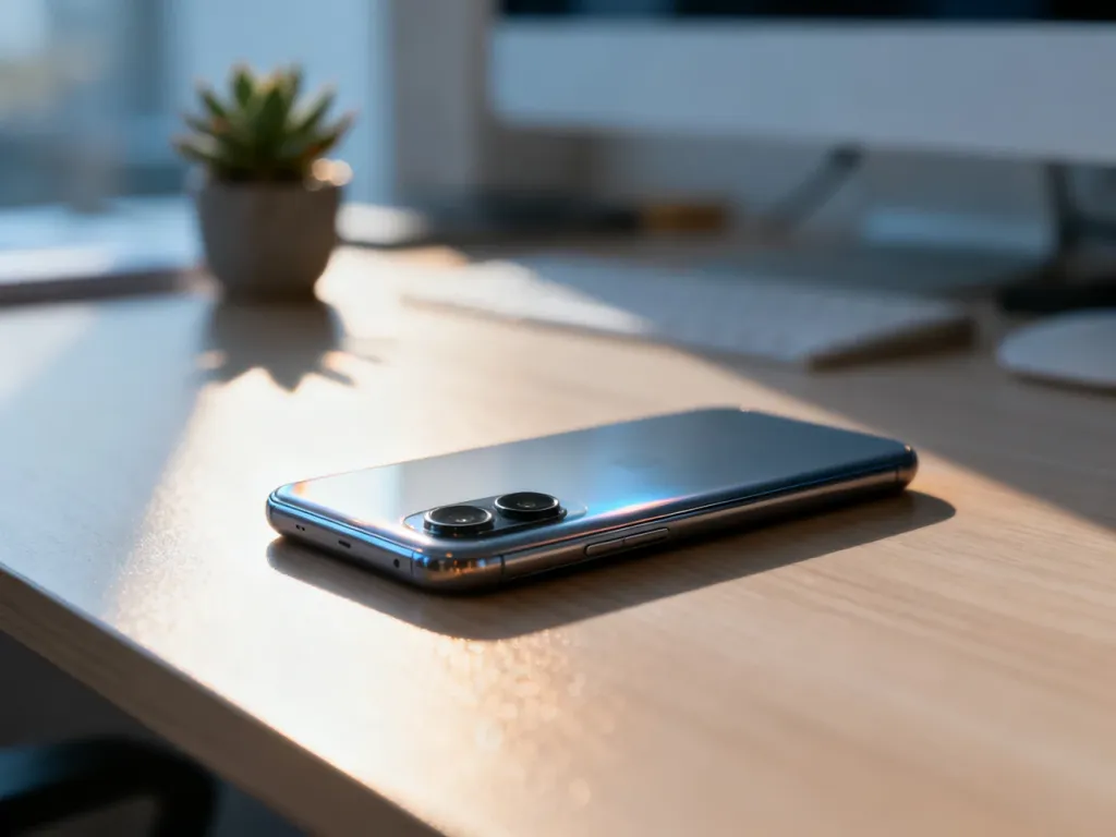Kompaktowy iPhone 12 mini leżący na minimalistycznym drewnianym biurku w otoczeniu rośliny.