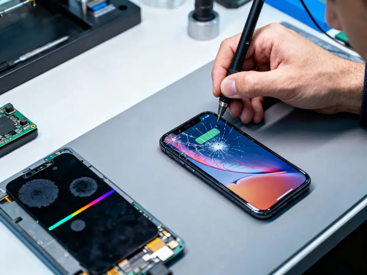 Technician comparing a cracked but functional iPhone screen with a damaged display module
