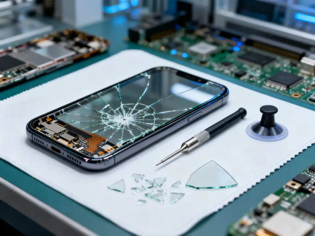 Profesjonalny zestaw narzędzi serwisowych i rozłożony ekran iPhone'a na macie antystatycznej podczas naprawy.