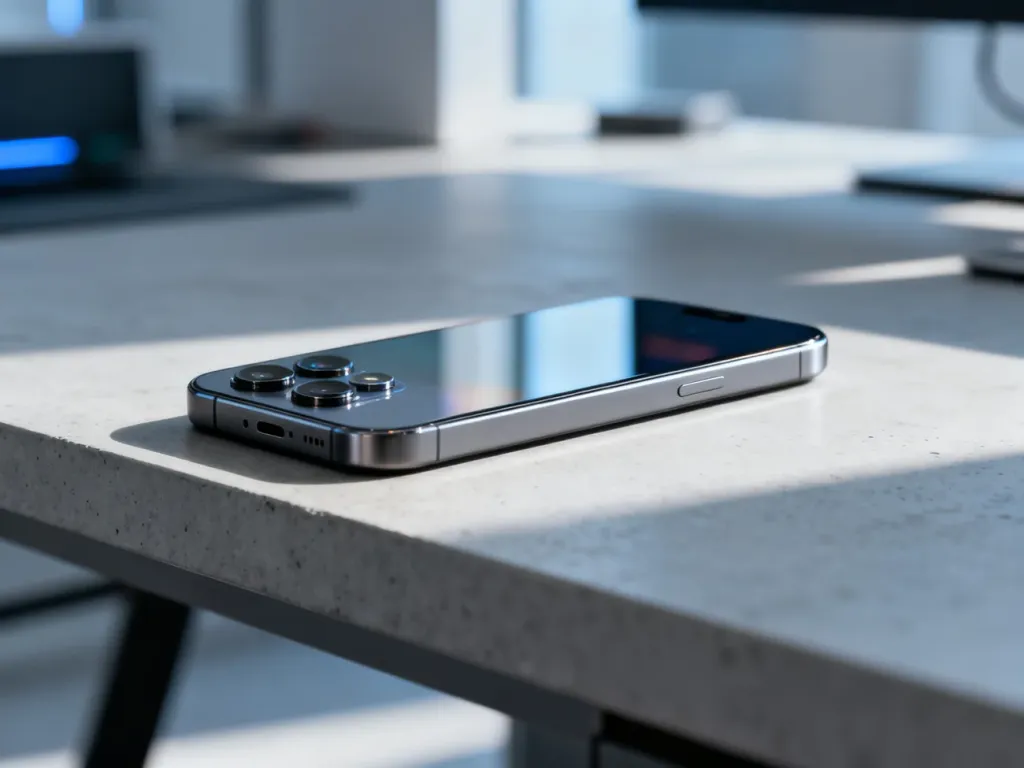 Elegancki smartfon z metalową ramką i zaawansowanym aparatem, spoczywający na minimalistycznym biurku.