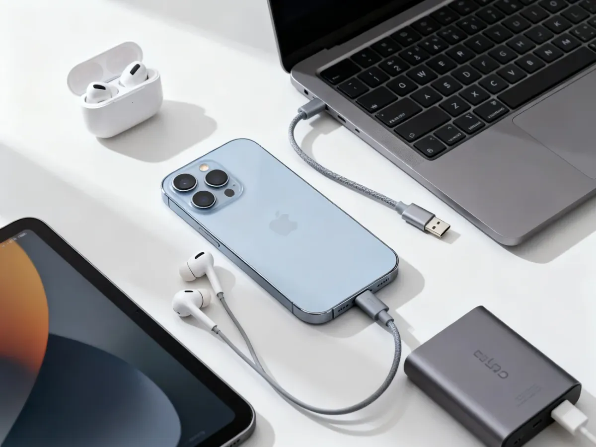 iPhone 15 z przewodem USB-C obok innych urządzeń korzystających z tego samego standardu
