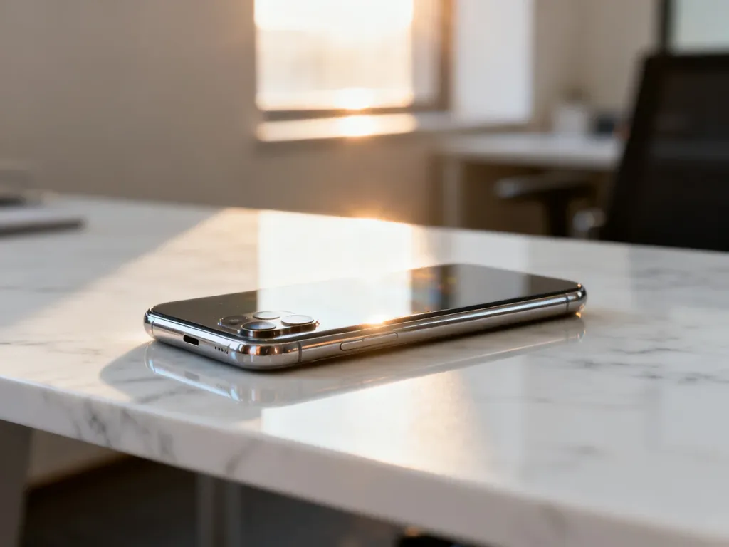 iPhone 16 Pro leżący na marmurowym biurku w świetle poranka, podkreślający elegancki design urządzenia.