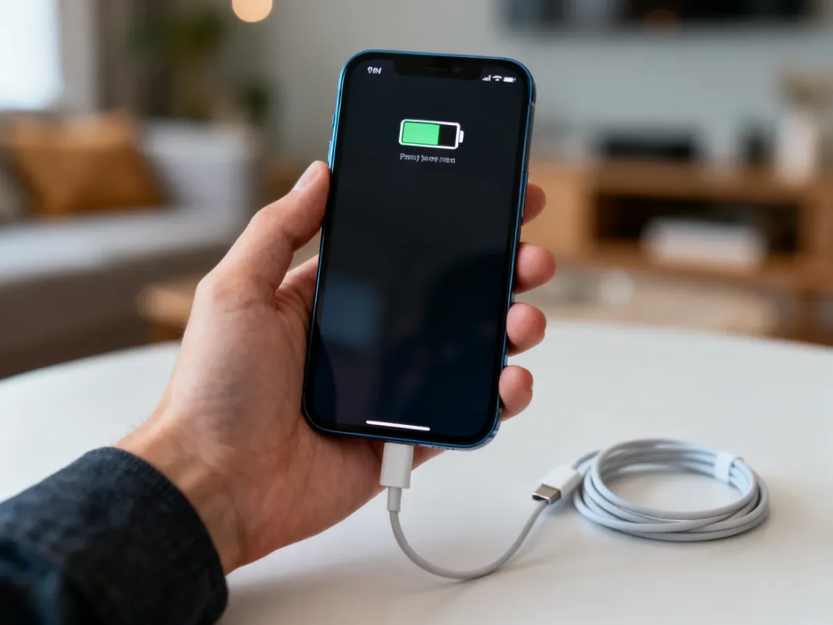 iPhone 12 z niemal rozładowaną baterią i podłączonym kablem