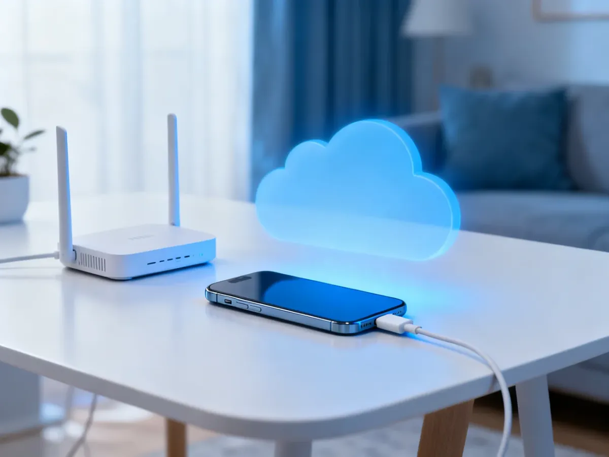 iPhone ładowany obok routera podczas tworzenia kopii zapasowej w iCloud