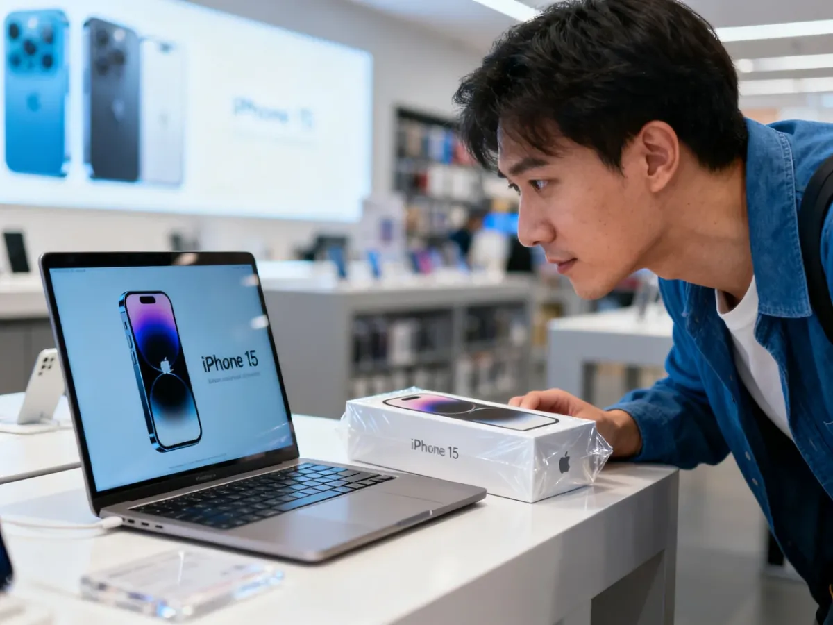 Kupujący porównujący oferty iPhone’a 15 przy laptopie i pudełku telefonu