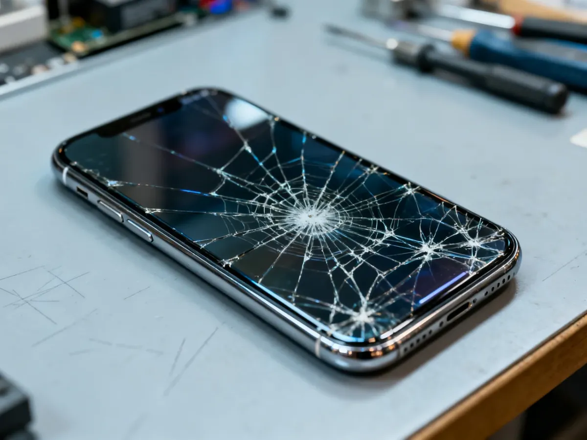 Pęknięta szybka iPhone’a XS na stanowisku serwisowym