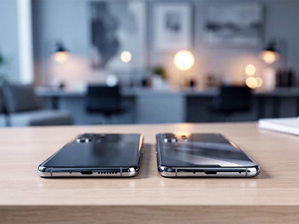Dwa nowoczesne smartfony leżące obok siebie na biurku, prezentujące design flagowych modeli iPhone i Samsung.