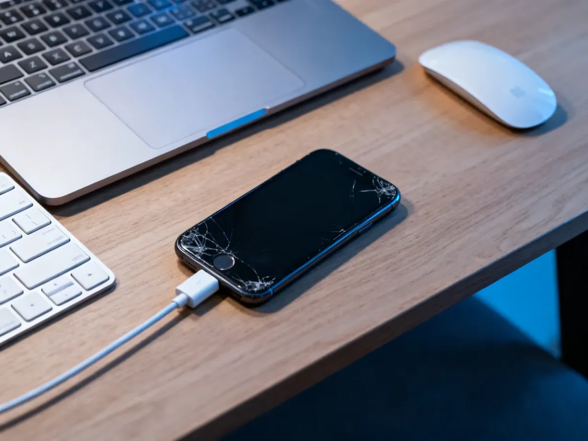 Podłączony adapter, mysz i komputer pomagające obsłużyć iPhone’a z uszkodzonym ekranem
