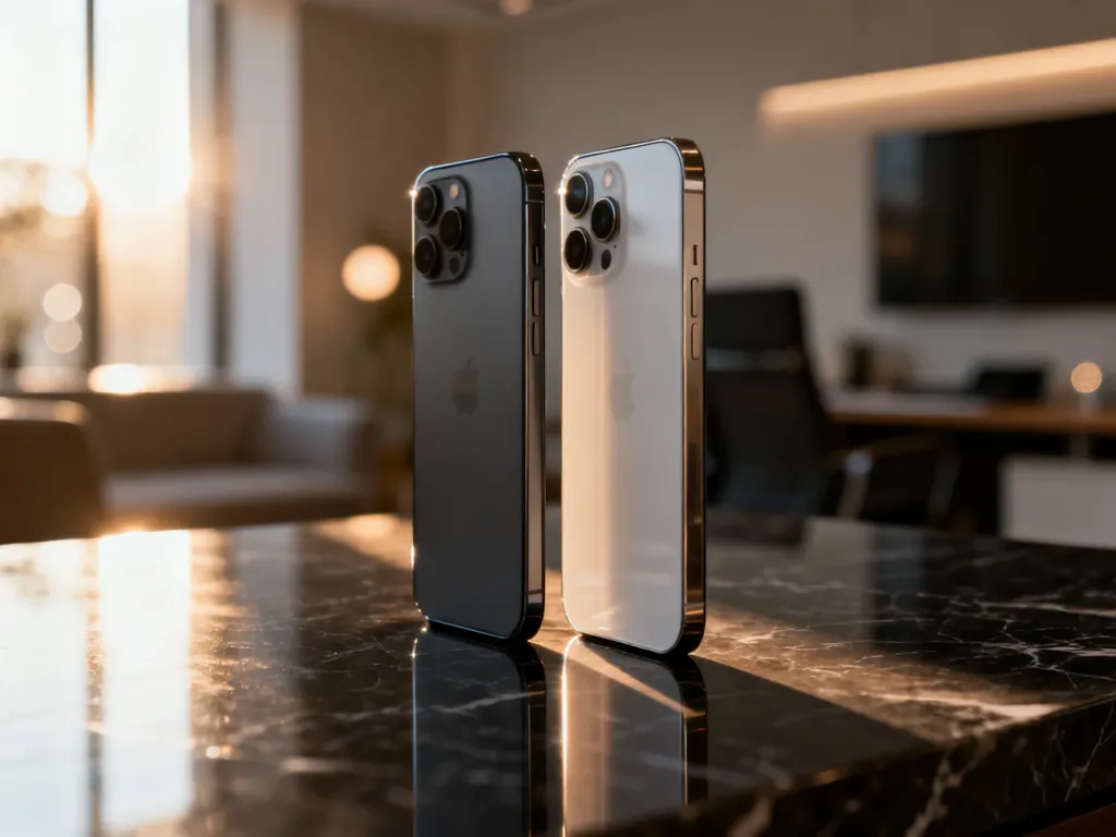 Dwa nowoczesne smartfony iPhone ustawione obok siebie na eleganckim, marmurowym blacie w domowym biurze.