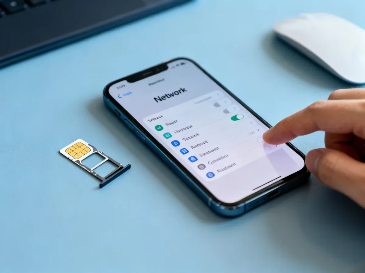 iPhone podczas sprawdzania ustawień sieci komórkowej z kartą SIM obok