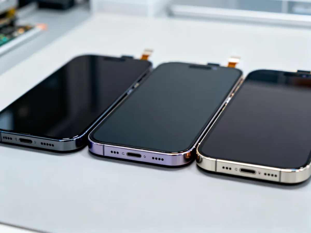 Porównanie trzech typów ekranów zamiennych do iPhone’a 14 na stanowisku serwisowym