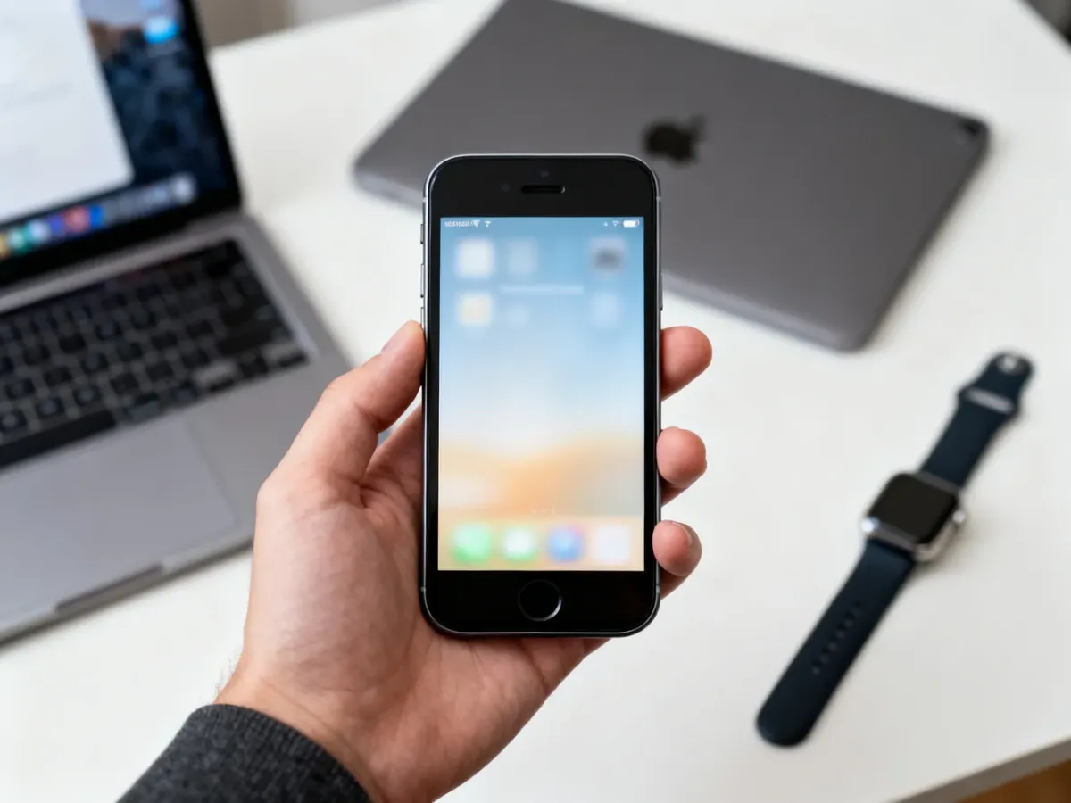 Kompaktowy iPhone SE trzymany w dłoni na tle urządzeń Apple