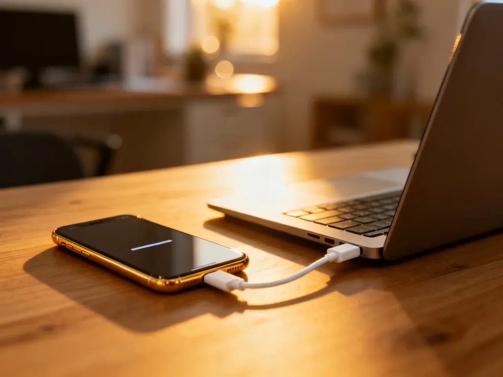 Smartfon podłączony kablem USB do laptopa na drewnianym biurku, symbolizujący proces odzyskiwania danych z iPhone'a.