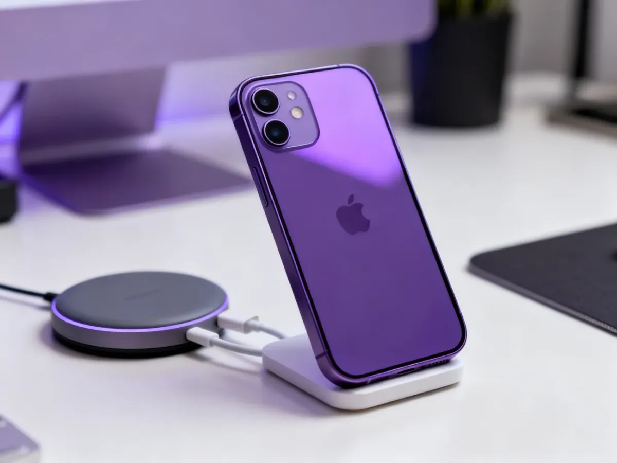 Fioletowy iPhone 12 z akcesoriami do ładowania