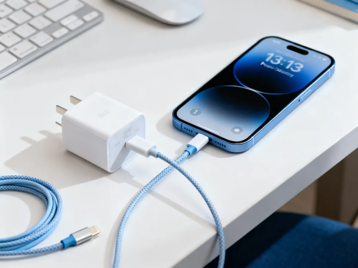 iPhone 13 ładowany przewodem USB-C–Lightning z nowoczesnej ładowarki