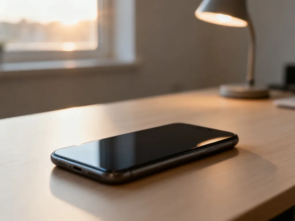 Nowoczesny smartfon leżący na drewnianym biurku, gotowy do wykonania procedury restartu urządzenia.