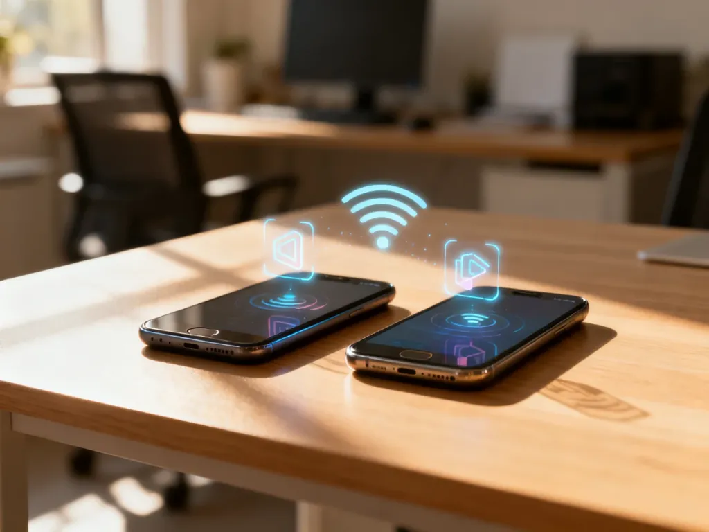 Dwa smartfony leżące obok siebie na biurku, symbolizujące bezprzewodowe przenoszenie danych między telefonami iPhone.