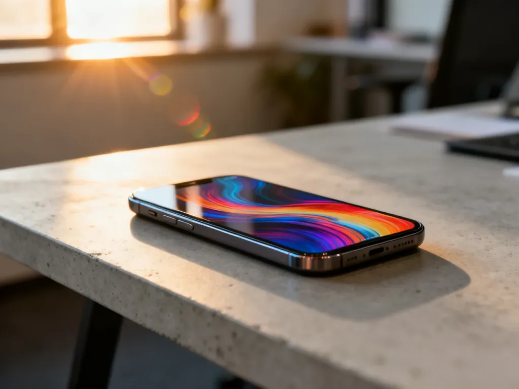 Nowoczesny smartfon z kolorową tapetą leżący na minimalistycznym biurku w promieniach zachodzącego słońca.