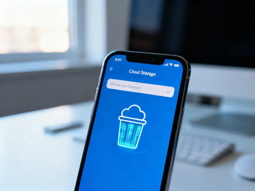 Ekran smartfona z widocznym interfejsem zarządzania chmurą i ikoną kosza, symbolizujący usuwanie kopii zapasowej iPhone'a.