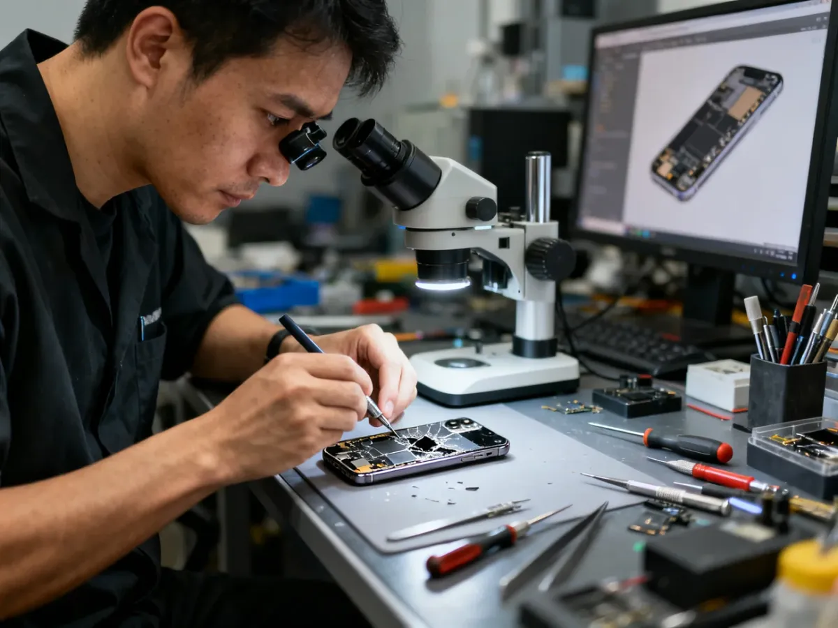 Technik serwisowy diagnozujący uszkodzonego iPhone’a przy stanowisku naprawczym