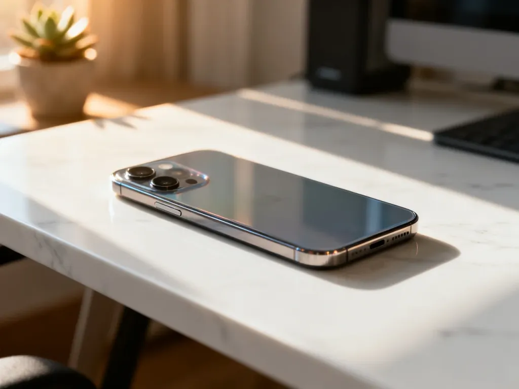Elegancki iPhone 16 Plus leżący na marmurowym biurku w promieniach porannego słońca.