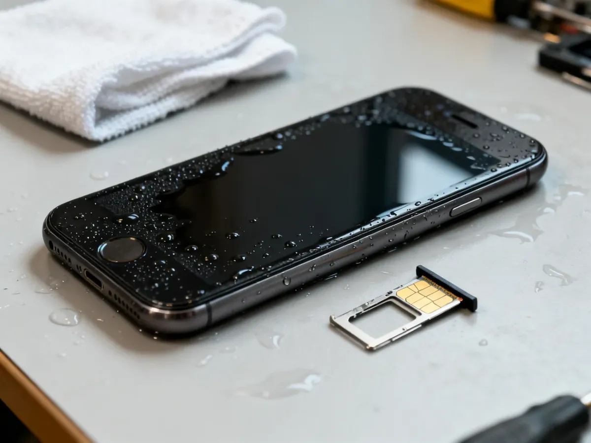 Zalany iPhone wyłączony na stanowisku serwisowym, z wyjętą tacką SIM i suchą ściereczką