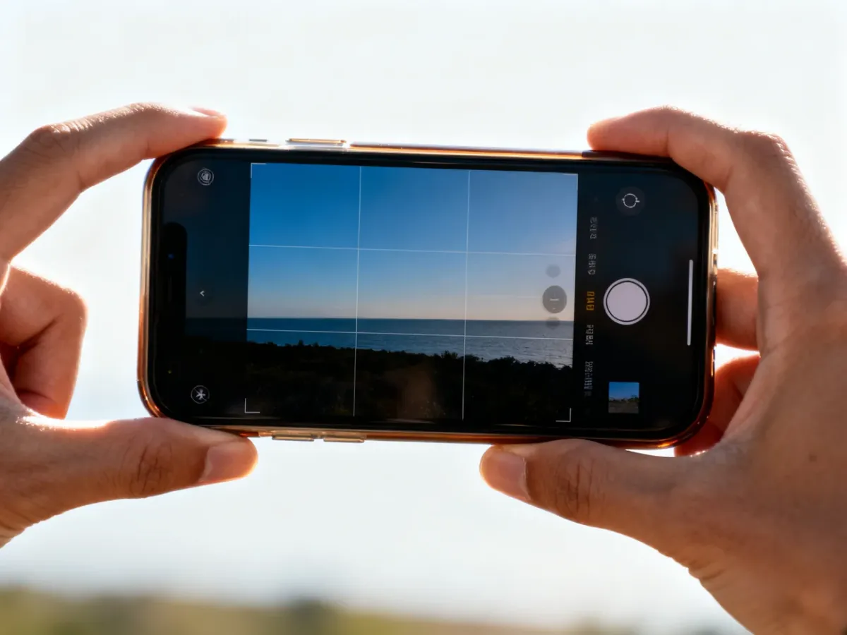 Smartphone camera preview using a composition grid on a bright landscape